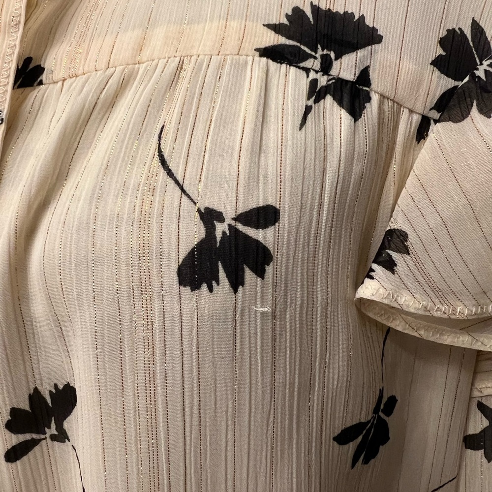 DKNY Ivory Blouse with Black Leaf Print and Gold Thread M - Picture 3 of 13